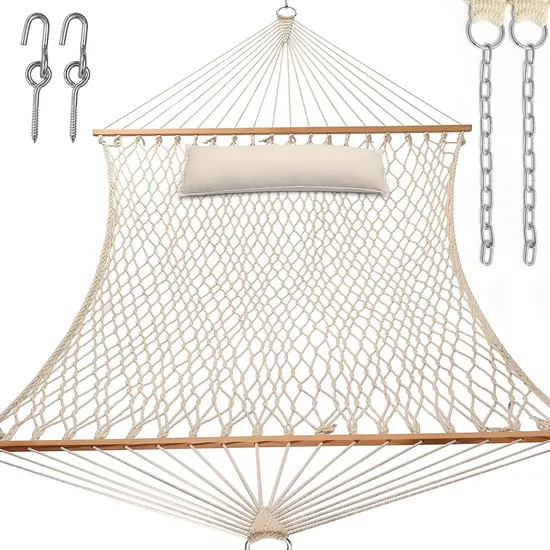 Free Chains Hooks Double Solid Wood Rope Hammock with Pillow 